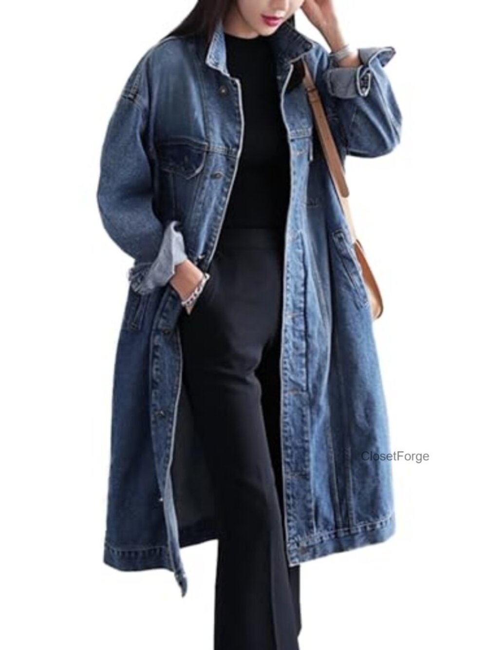 Classic Long Sleeve Button Down Denim Trench Coat Plus Size Loose